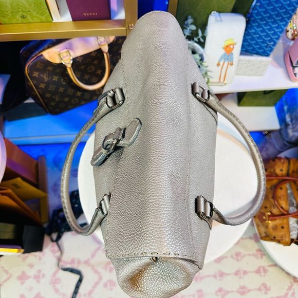 Fendi Selleria Silver Metallic Calf Skin Leather Linda Pebble Large Tote Hand Ba - Picture 5 of 14